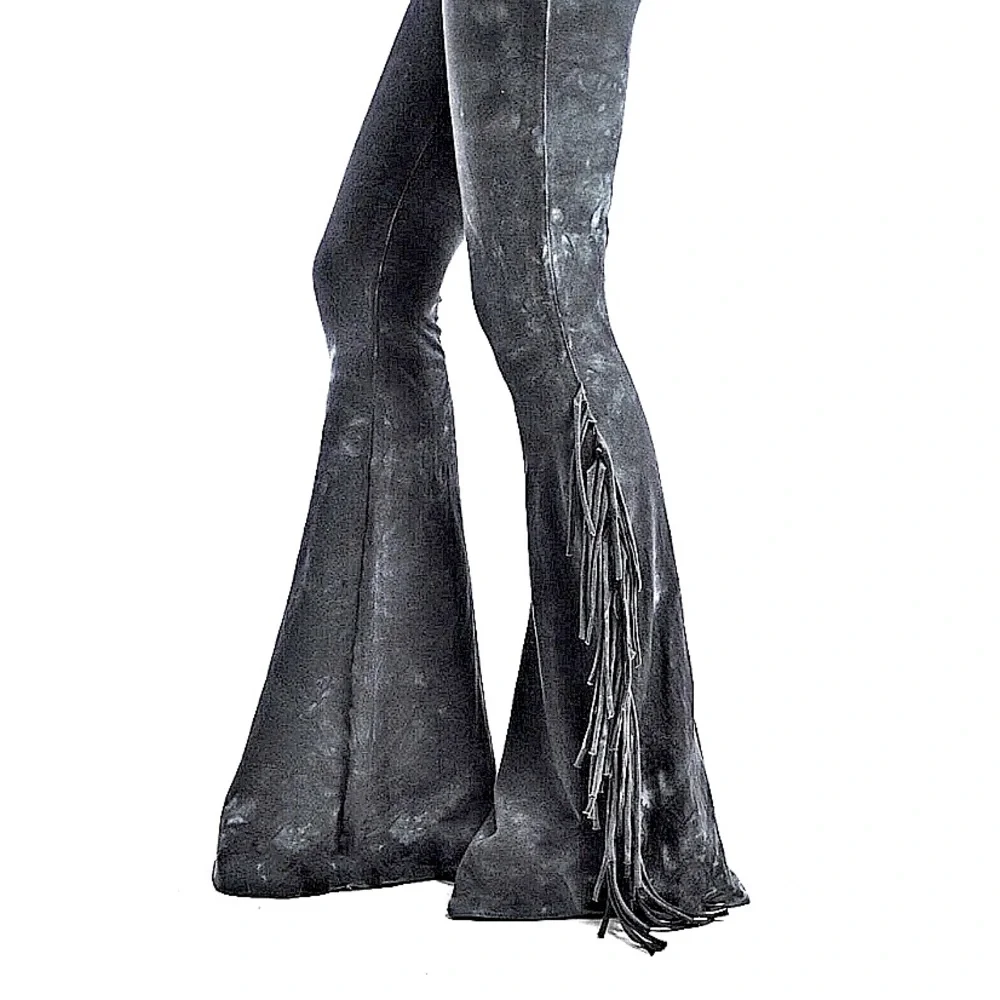 PETITE LENGTH Fringe Bell Bottoms - High Waisted Tie Dye Bell Bottom Flare Pants - Picture 4 of 8